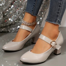 Women's Solid Color Mary Janes, Ankle Buckle Strap Casual Chunky Heel Shoes, Soft Sole Minimalist Daily Shoes