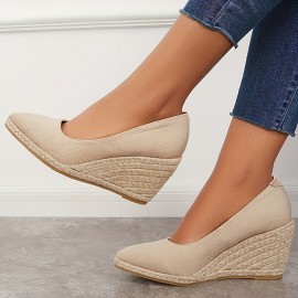 Women's Solid Color Wedge Heels, Closed Toe Slip On Platform Espadrilles Sandals, Casual & Lightweight Shoes