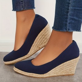 Women's Solid Color Wedge Heels, Closed Toe Slip On Platform Espadrilles Sandals, Casual & Lightweight Shoes