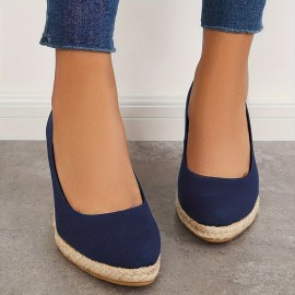 Women's Solid Color Wedge Heels, Closed Toe Slip On Platform Espadrilles Sandals, Casual & Lightweight Shoes