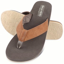 Men's Solid Thong Sandals With PU Leather Uppers, Casual Non Slip Flip-flops Sandals For Indoor Outdoor Walking, Beach Shoes For Spring And Summer