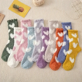 10 Pairs Heart Print Socks, Comfy & Warm Fuzzy Floor Socks, Women's Stockings & Hosiery