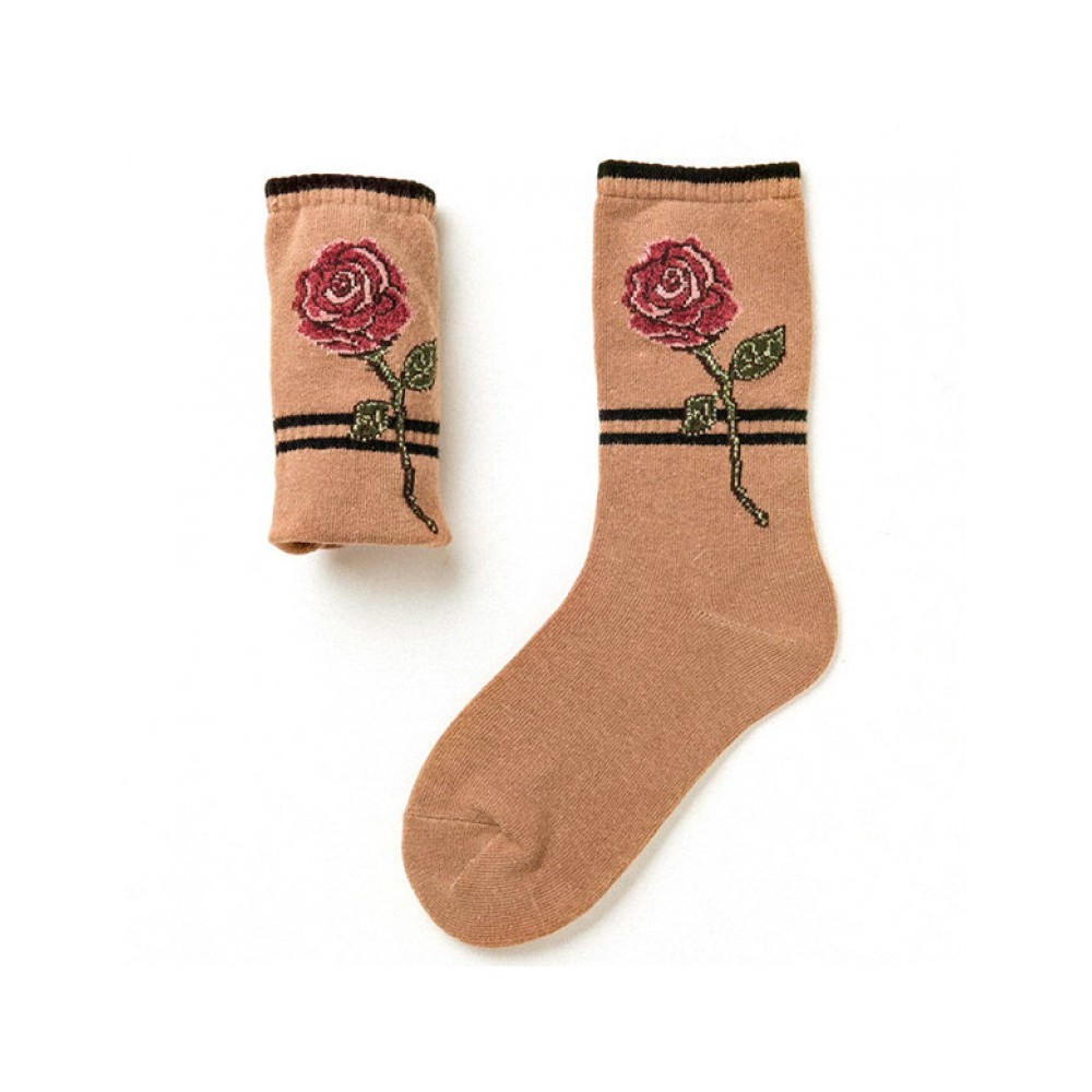 Womens Cotton Embroidery Retro Antibacterial Deodorant Beri Socks Breathable Sport Middle Tube Socks