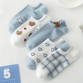 5 Pairs Cute Bear & Heart Print Socks, Breathable & Comfy Low Cut Ankle Socks, Women's Stockings & Hosiery