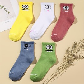 5 Pairs Cartoon Eyes Print Socks, Comfy & Cute Mid Tube Socks, Women's Stockings & Hosiery