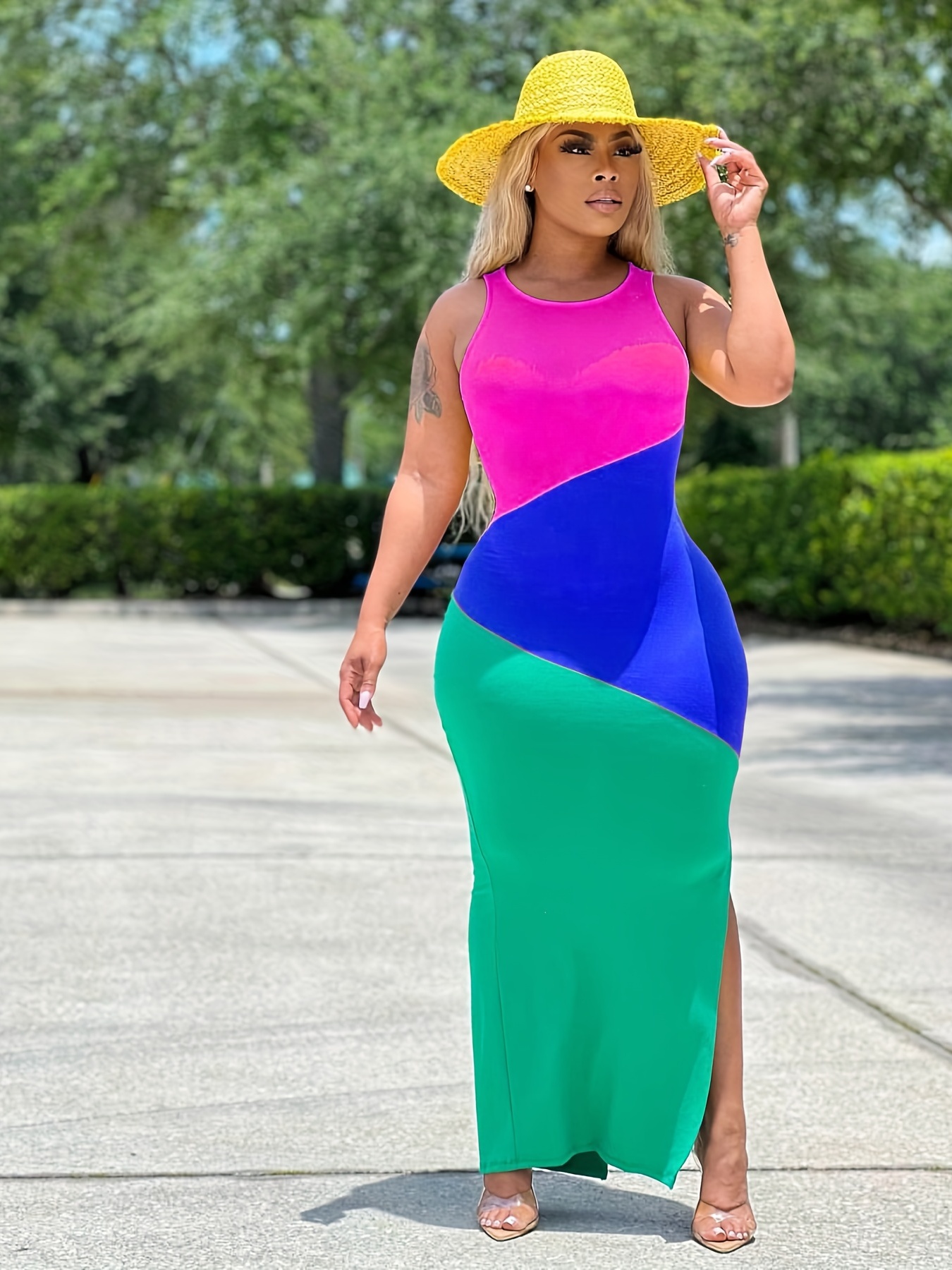 color block bodycon split dress casual sleeveless dress for spring summer womens clothing details 1