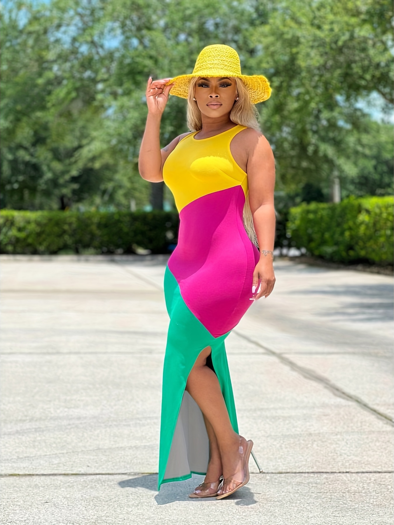 color block bodycon split dress casual sleeveless dress for spring summer womens clothing details 6