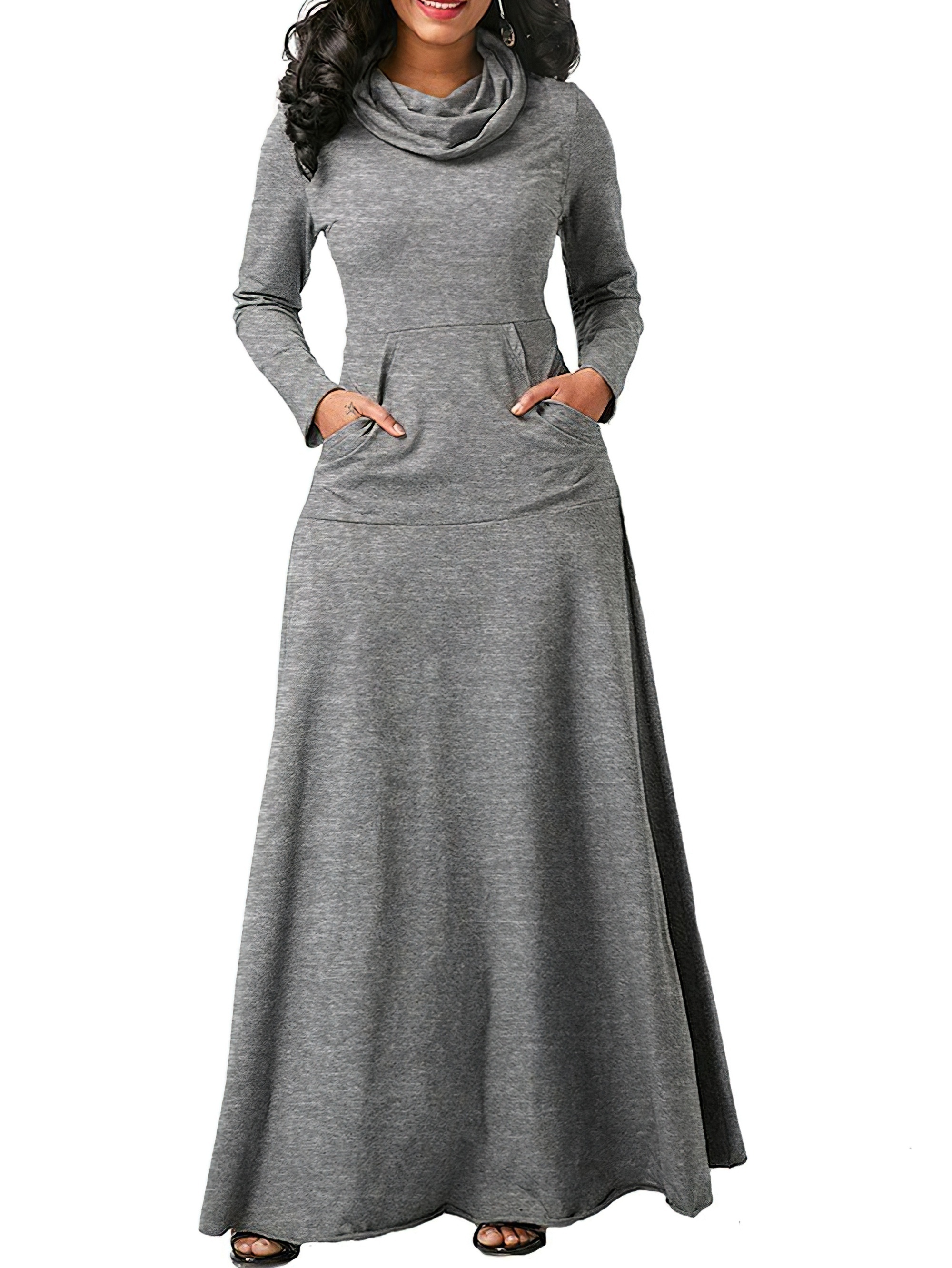 pile collar pocket front dress elegant long sleeve maxi dress womens clothing details 0