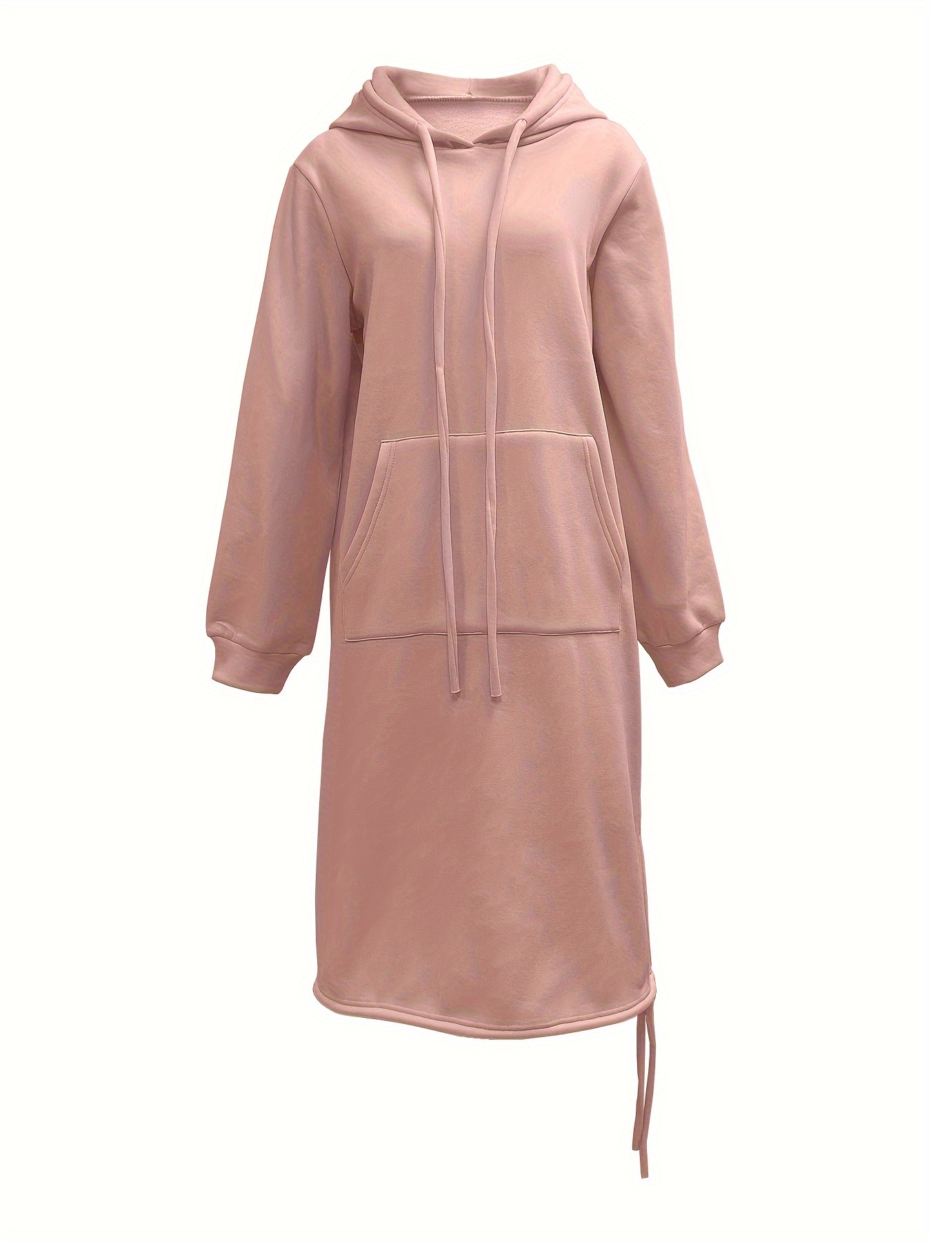 drawstring split hooded dress casual solid long sleeve midi dress womens clothing details 9