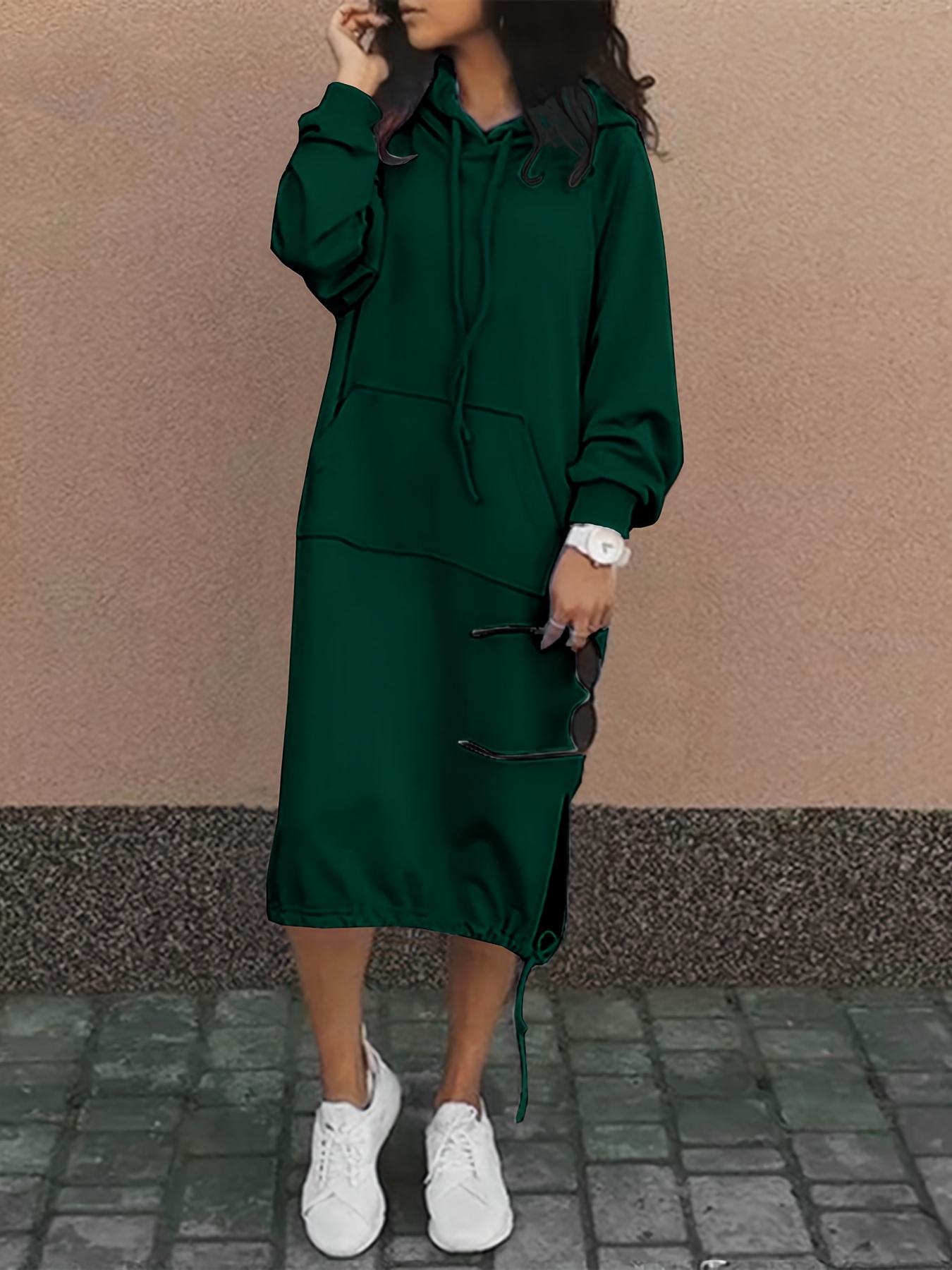 drawstring split hooded dress casual solid long sleeve midi dress womens clothing details 15