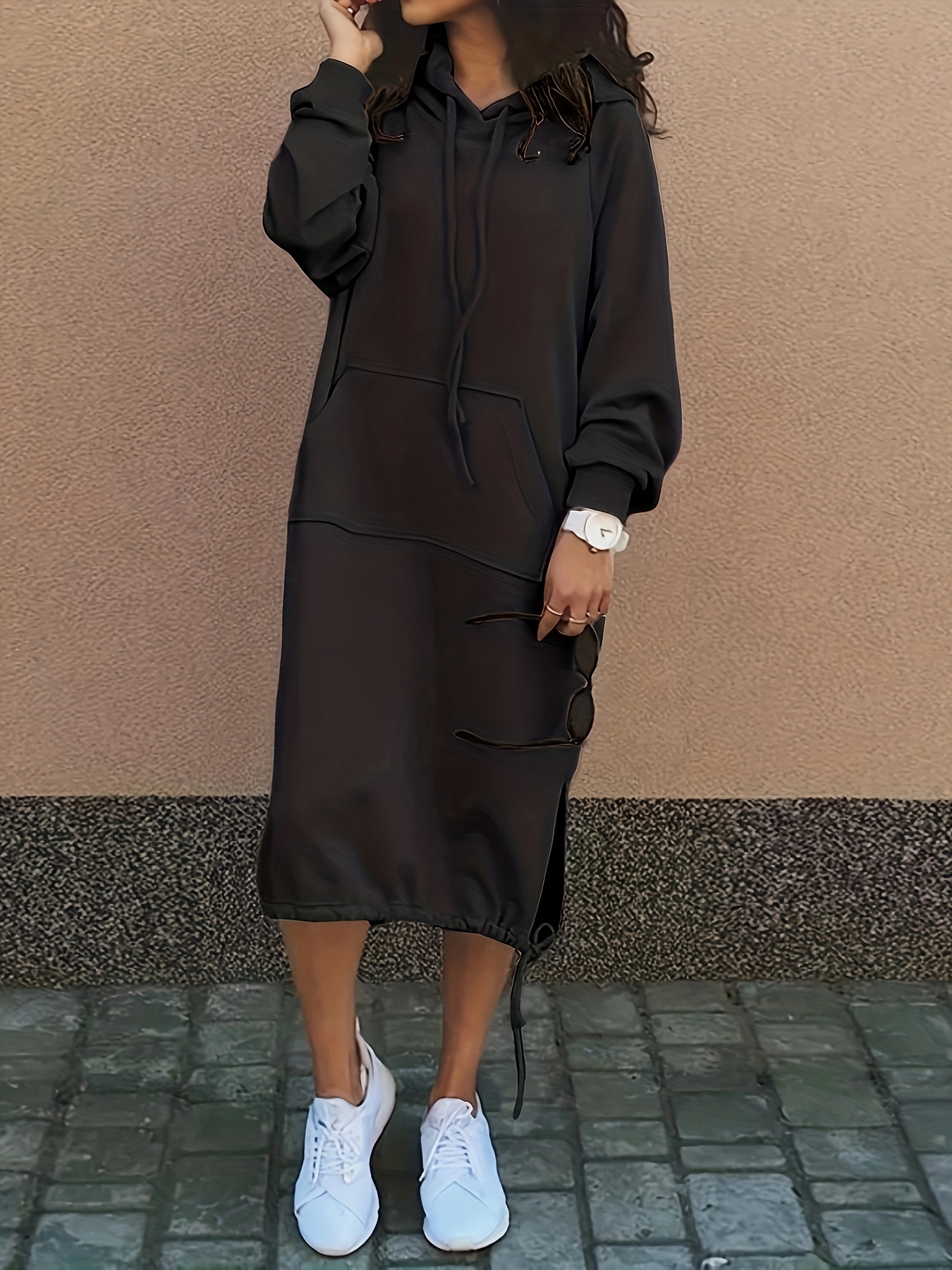 drawstring split hooded dress casual solid long sleeve midi dress womens clothing details 33