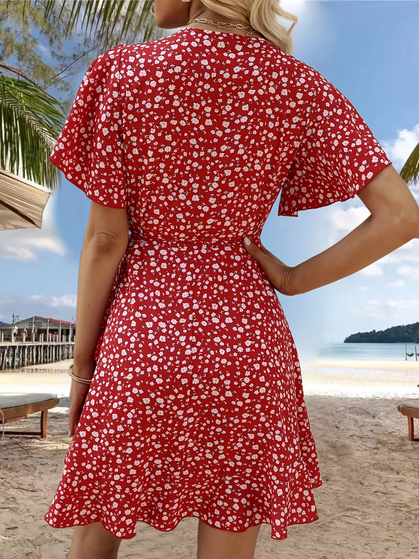 floral print ruffle hem wrap dress sexy short sleeve v neck dress for spring summer womens clothing details 6