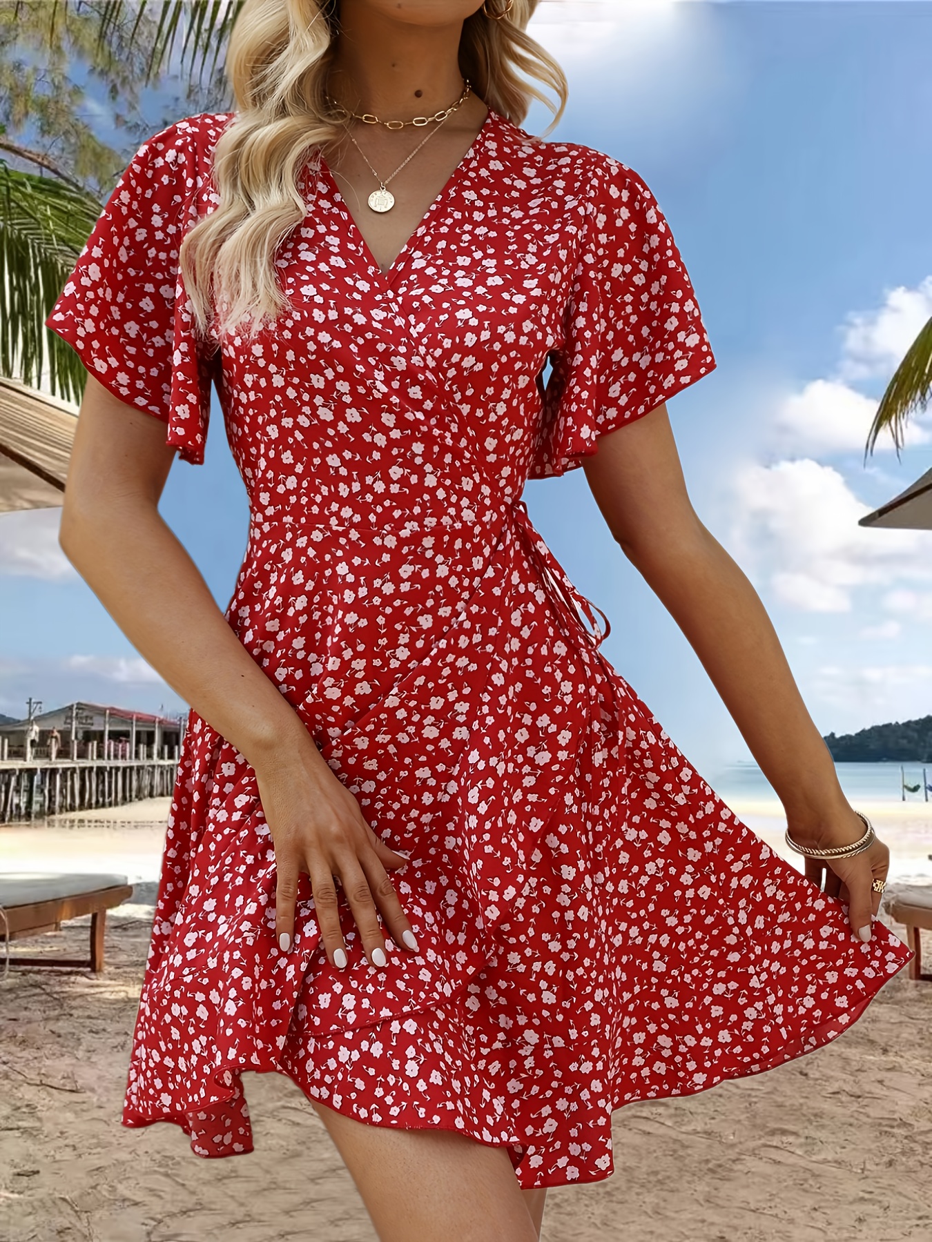 floral print ruffle hem wrap dress sexy short sleeve v neck dress for spring summer womens clothing details 8