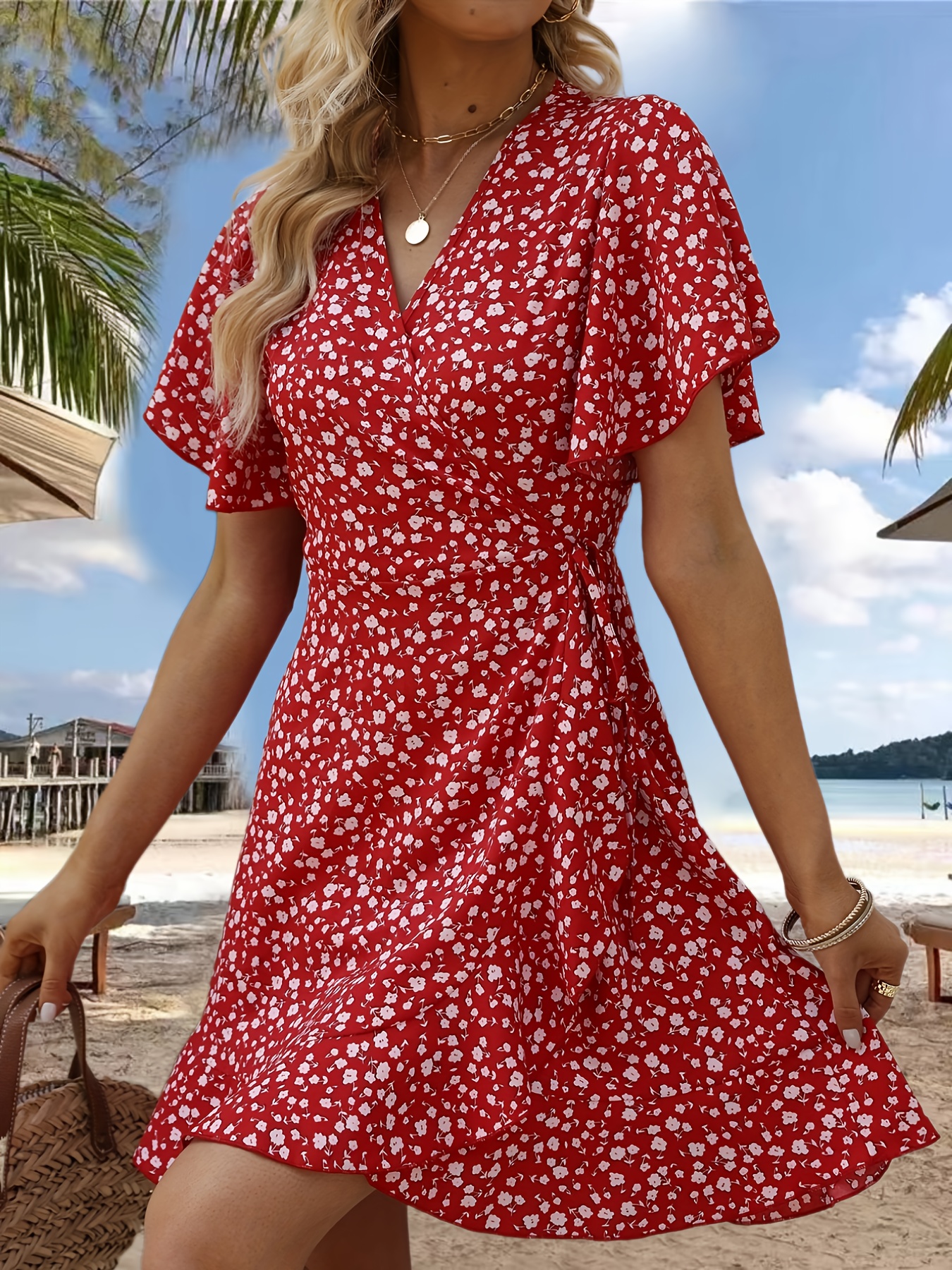 floral print ruffle hem wrap dress sexy short sleeve v neck dress for spring summer womens clothing details 9