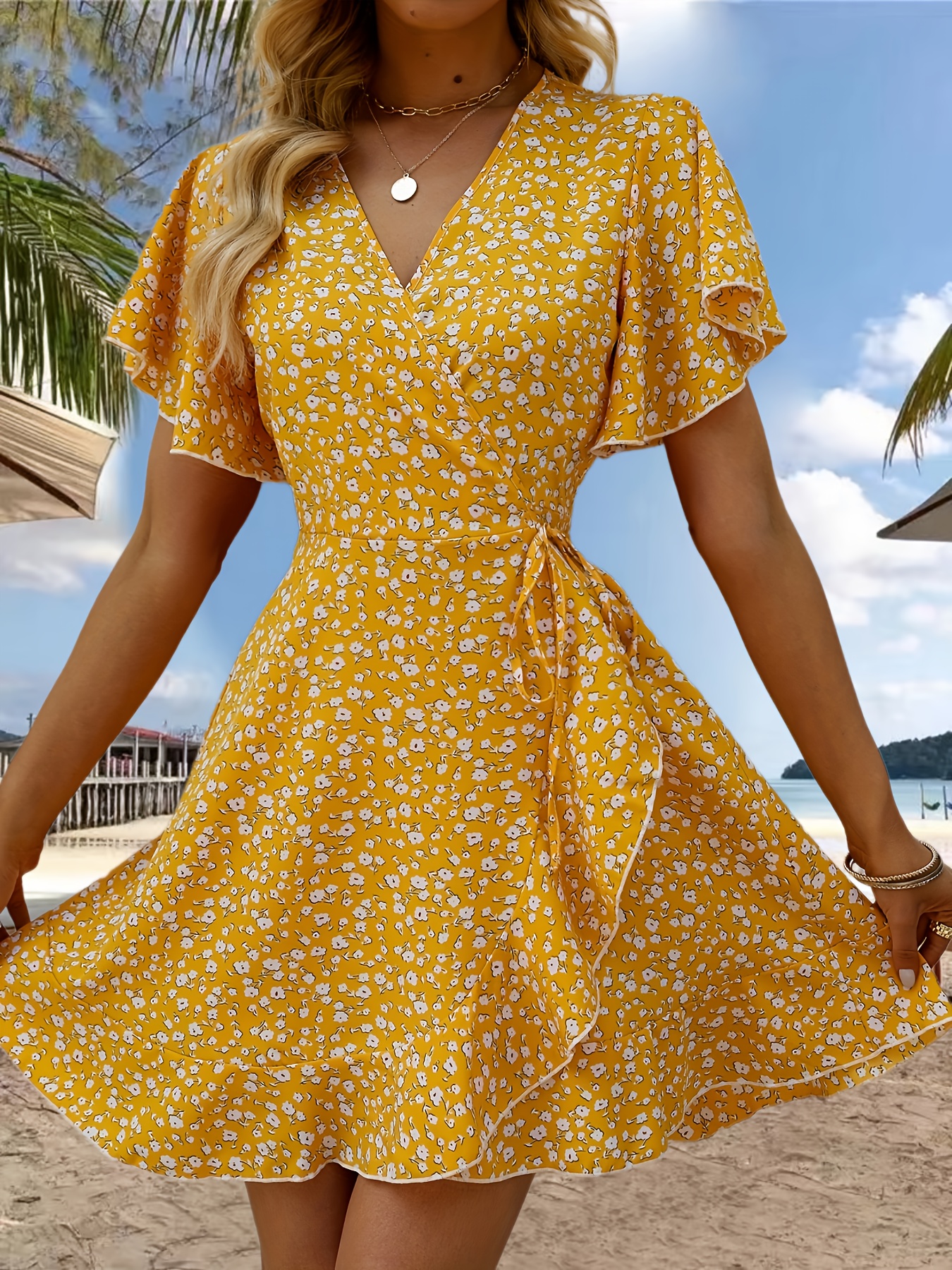 floral print ruffle hem wrap dress sexy short sleeve v neck dress for spring summer womens clothing details 11