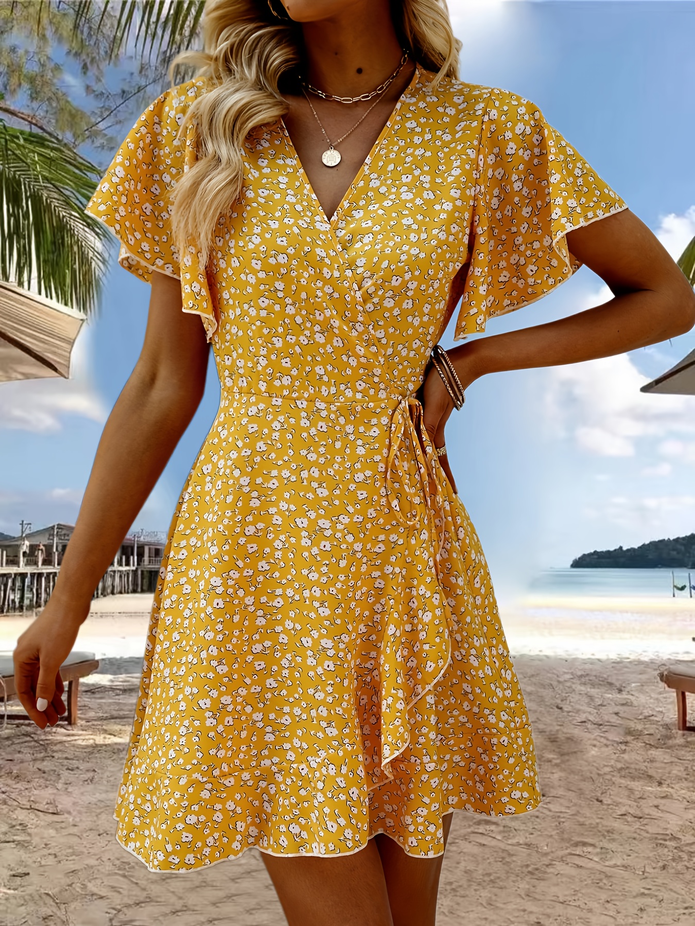 floral print ruffle hem wrap dress sexy short sleeve v neck dress for spring summer womens clothing details 13