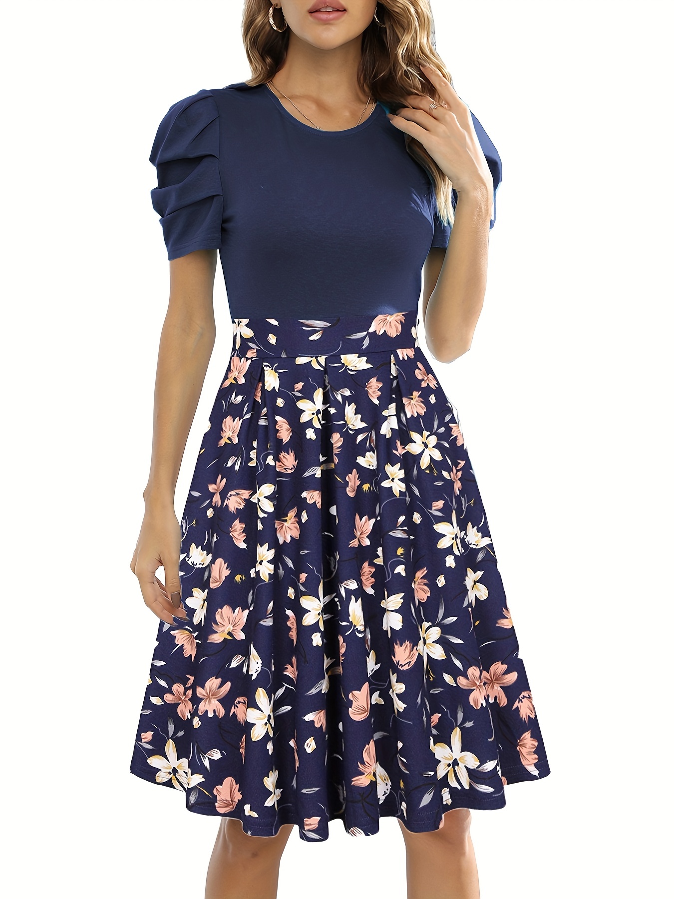 floral splicing dress vintage crew neck pleated short sleeve party dress womens clothing details 31