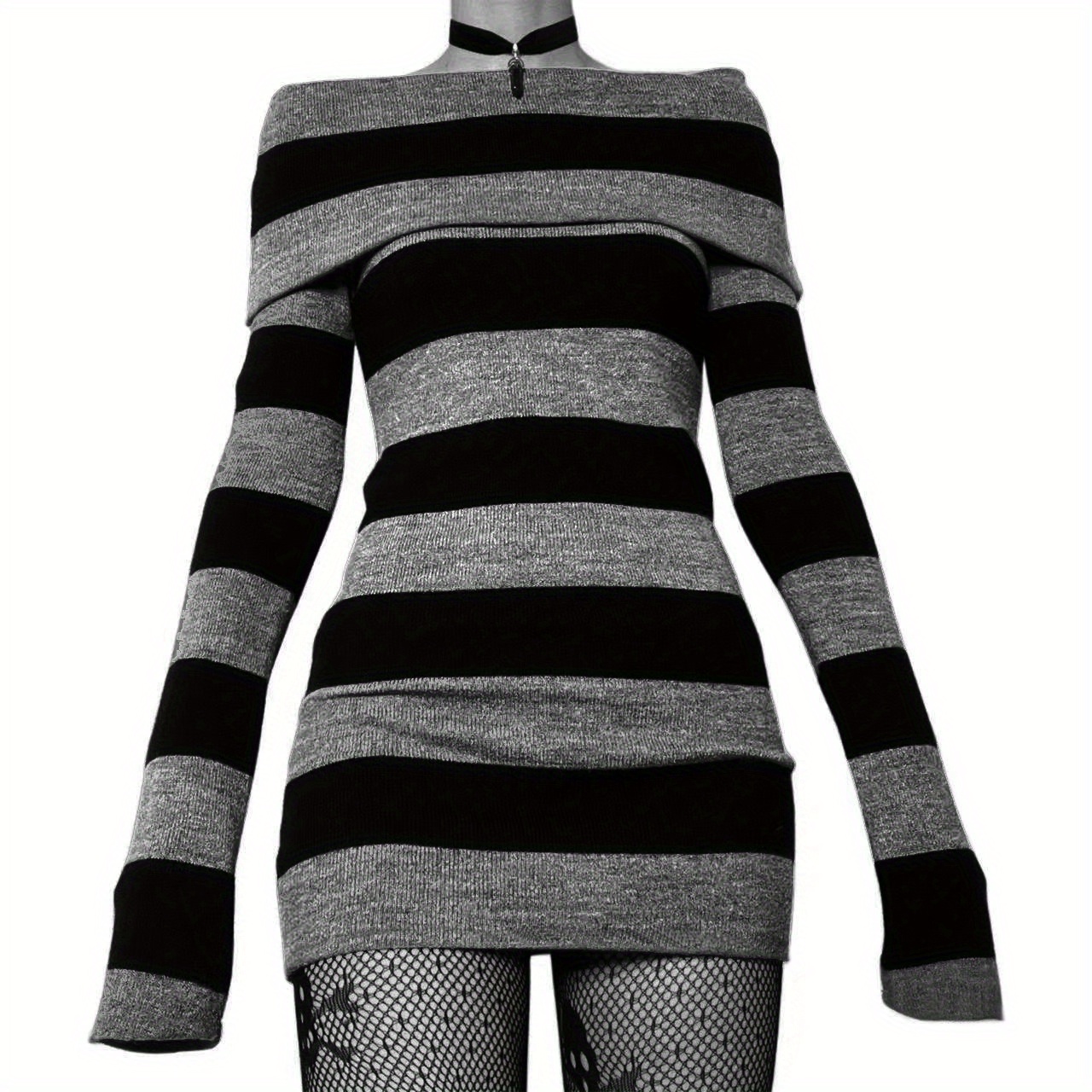 striped print foldover dress casual long sleeve bodycon dress womens clothing details 0