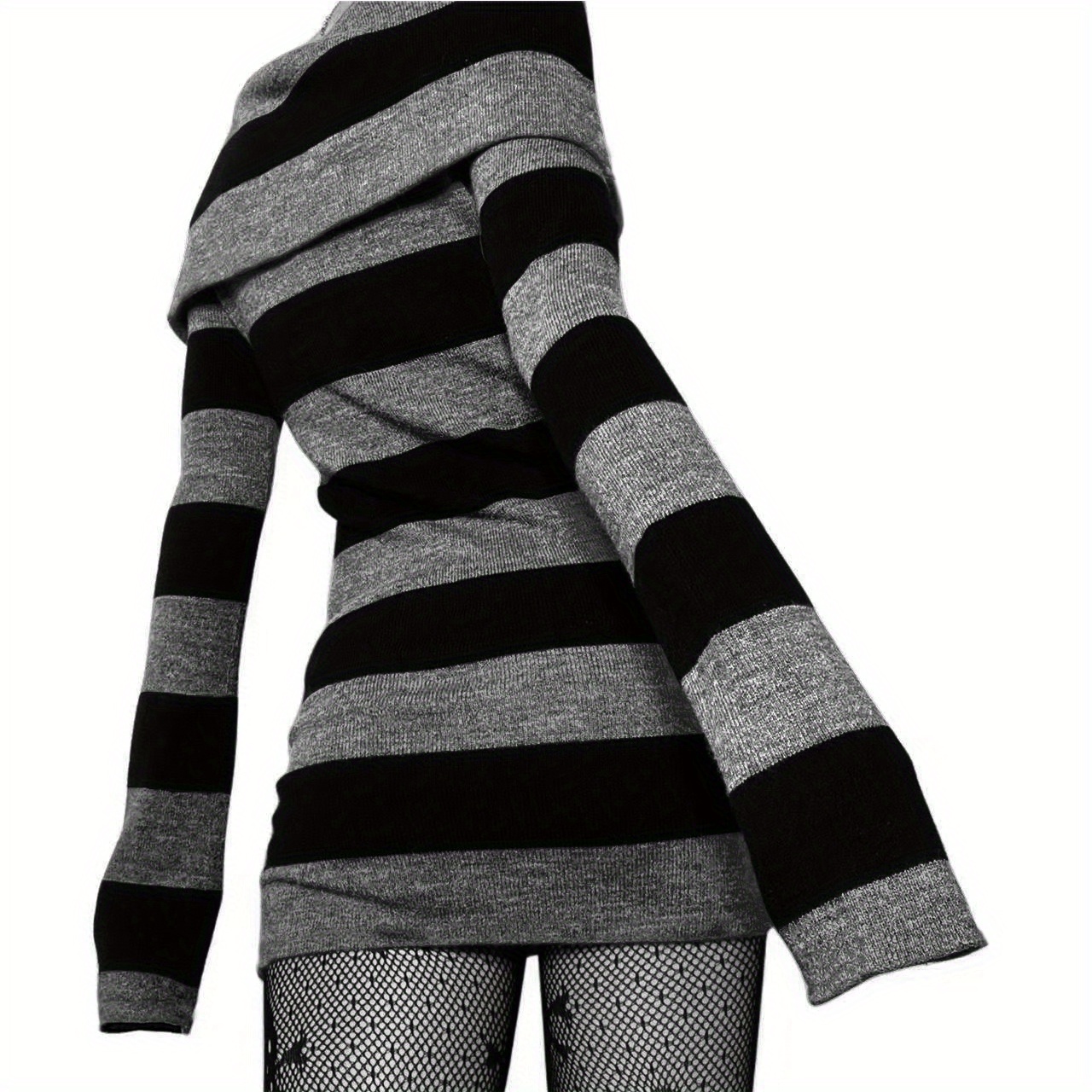 striped print foldover dress casual long sleeve bodycon dress womens clothing details 3