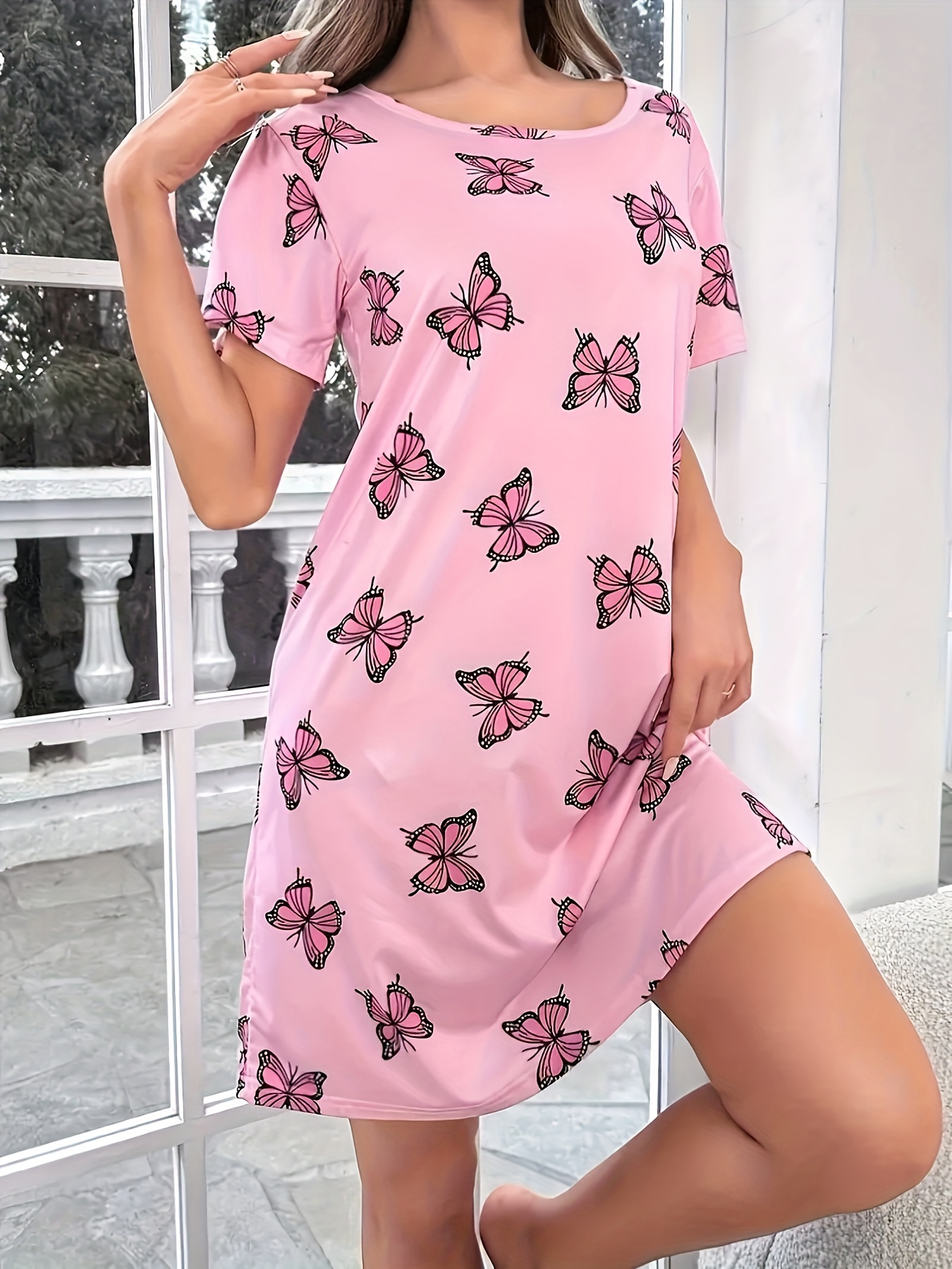 butterfly print crew neck dress casual short sleeve dress for spring summer womens clothing details 7