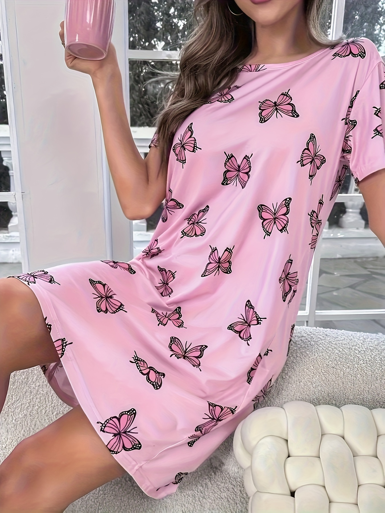 butterfly print crew neck dress casual short sleeve dress for spring summer womens clothing details 9