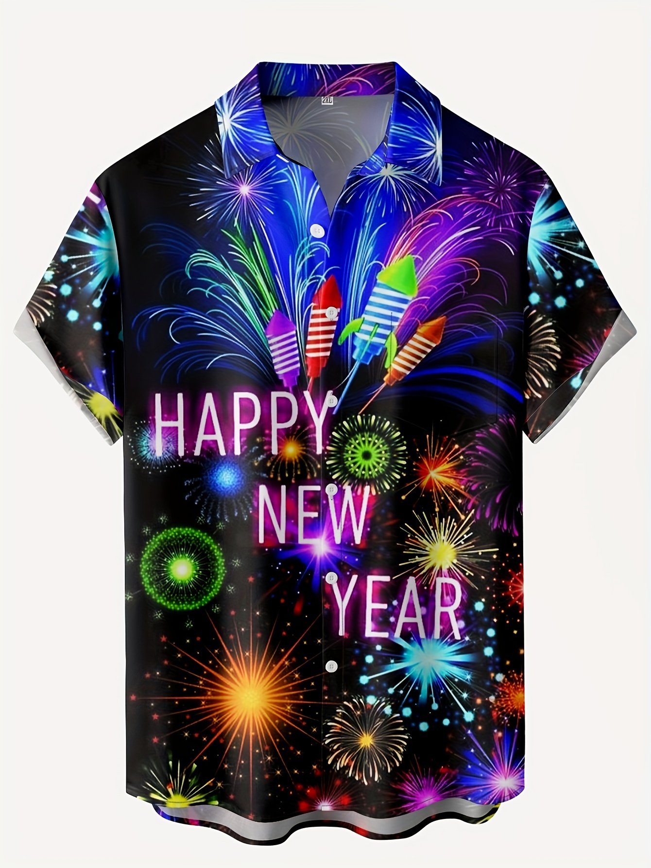 firework letter pattern mens trendy short sleeve lapel shirt summer holiday new year gift details 1