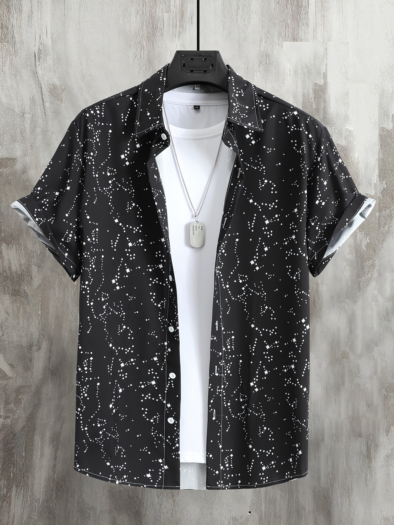 constellation style pattern mens casual short sleeve button up shirt summer holiday details 4