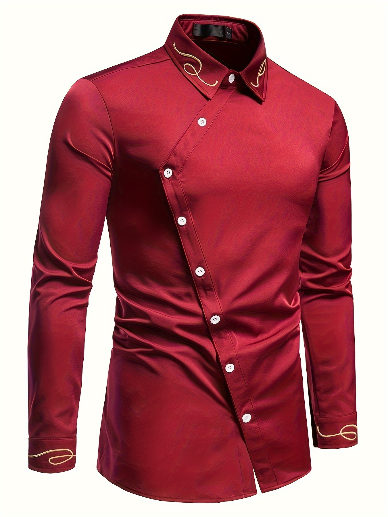 embroidery design mens stylish asymmetrical slim long sleeve single breast shirt with button banquet wedding details 2