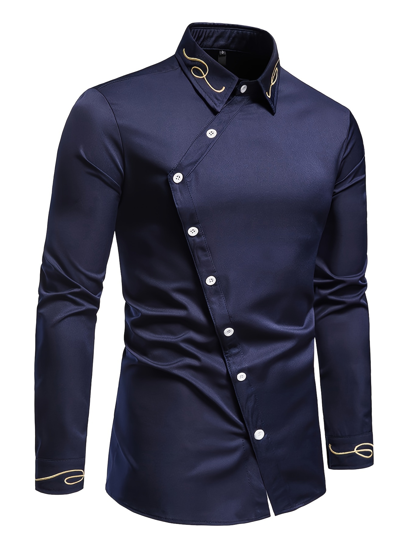 embroidery design mens stylish asymmetrical slim long sleeve single breast shirt with button banquet wedding details 7