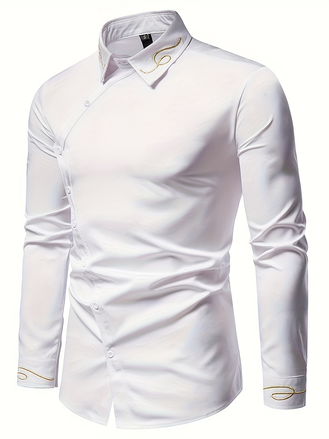 embroidery design mens stylish asymmetrical slim long sleeve single breast shirt with button banquet wedding details 12