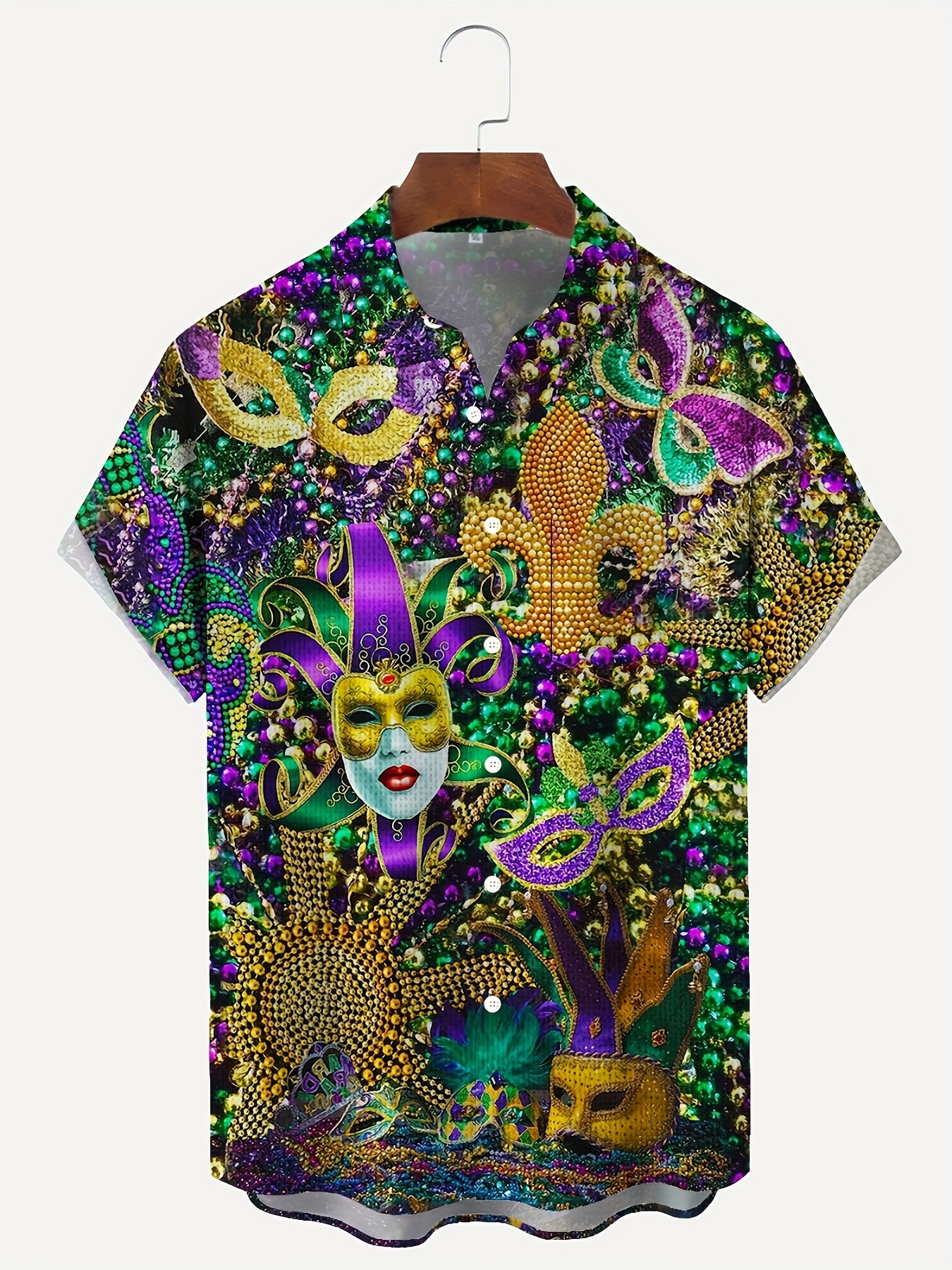 mardi gras themed novelty pattern mens fashion short sleeve lapel shirt summer party dress gift for men details 1