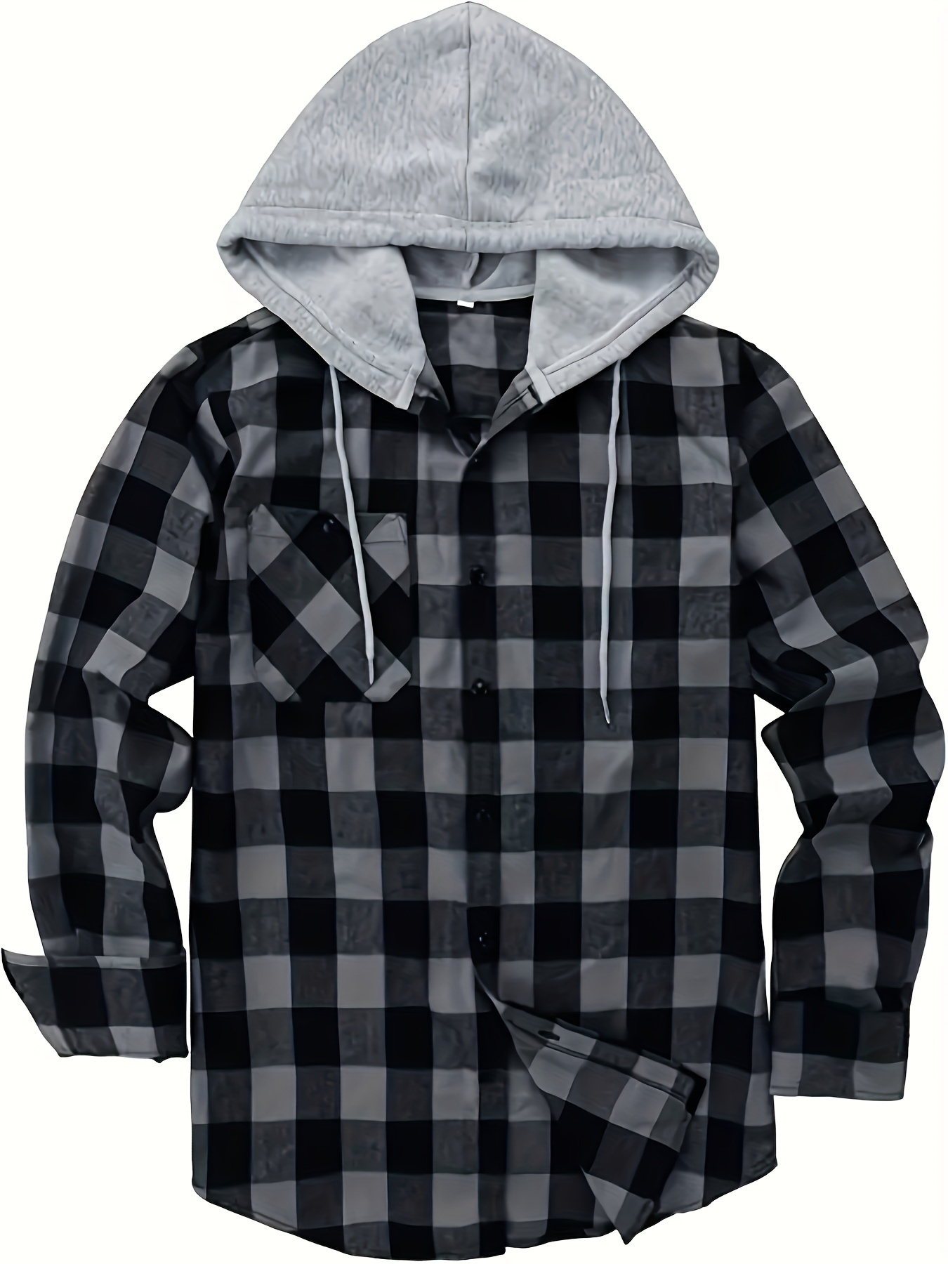 plaid pattern mens long sleeve hooded shirt jacket with chest pocket mens casual fall winter outwear details 2