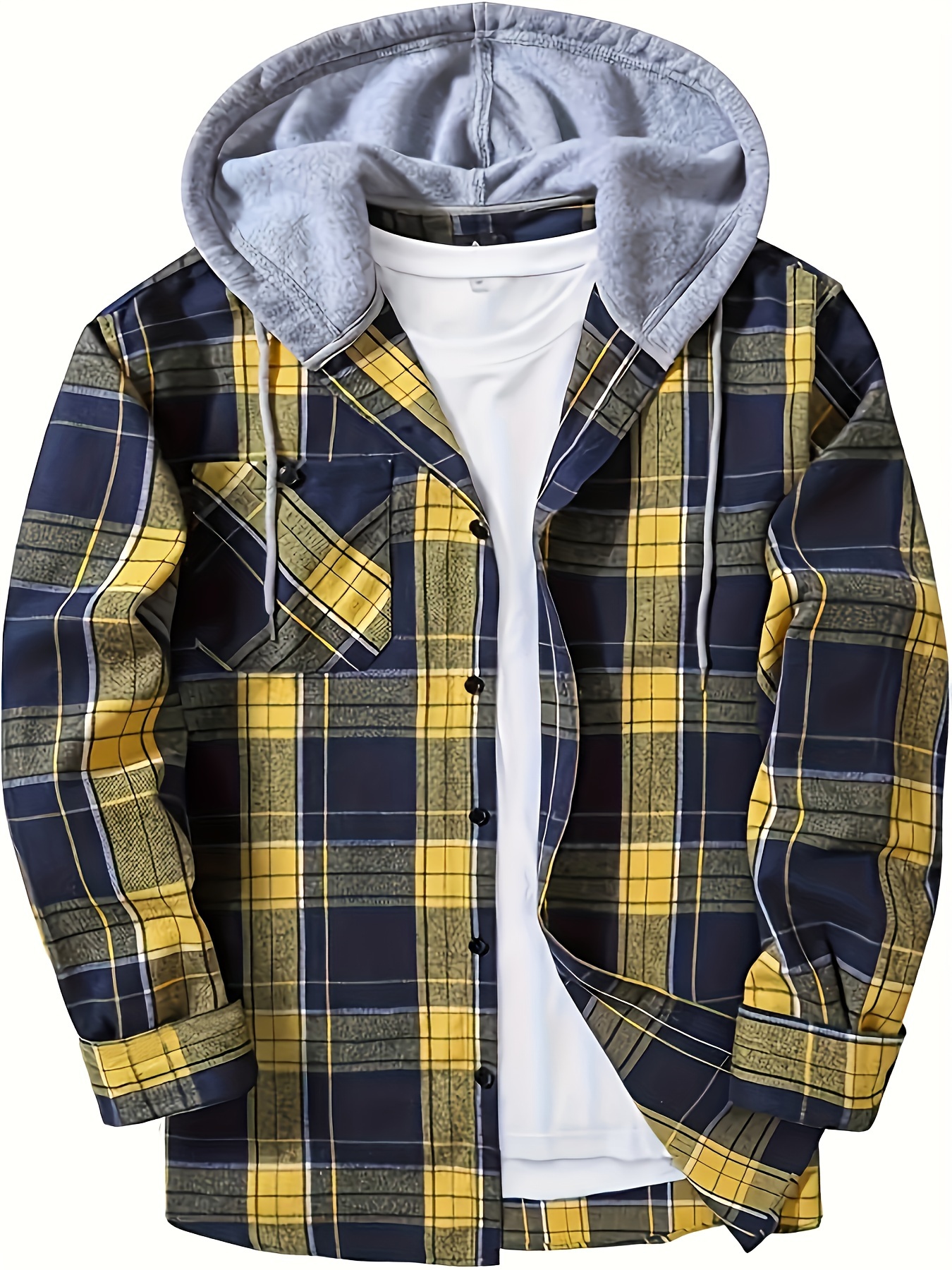 plaid pattern mens long sleeve hooded shirt jacket with chest pocket mens casual fall winter outwear details 15