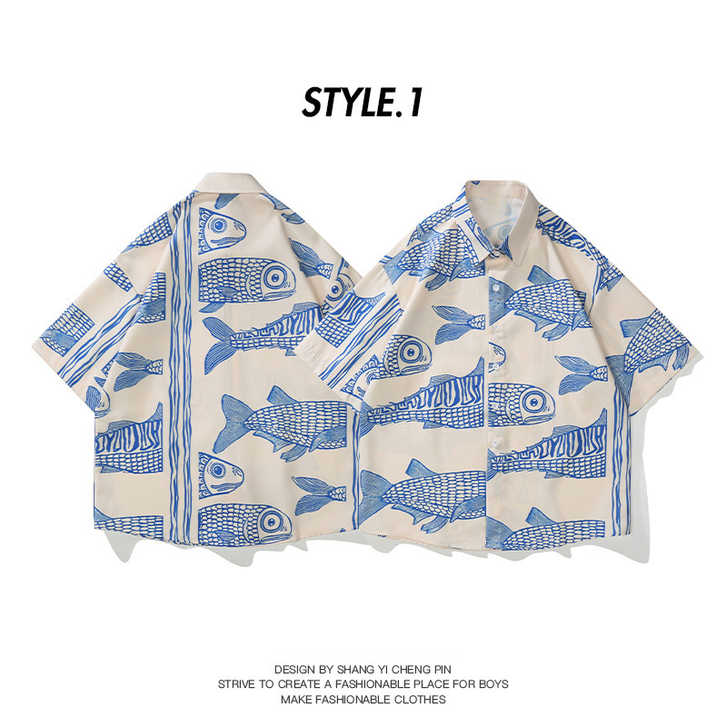 retro fish pattern mens short sleeve lapel shirt mens casual button up shirt for summer holiday details 0