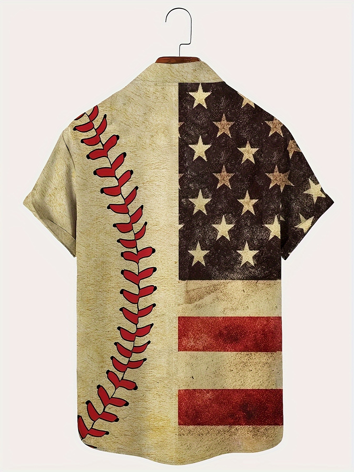 baseball themed flag digital print mens vintage short sleeve button down shirt with chest pocket summer outdoor details 0