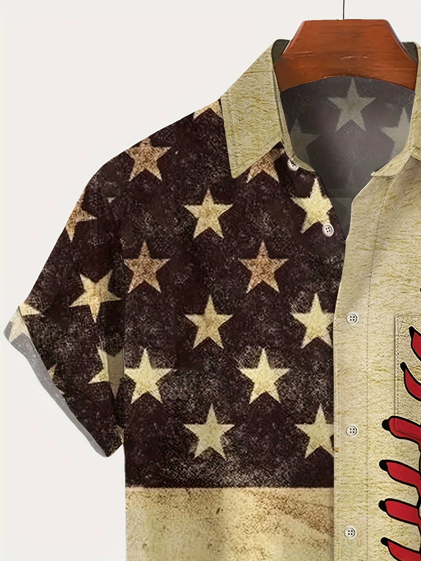 baseball themed flag digital print mens vintage short sleeve button down shirt with chest pocket summer outdoor details 2