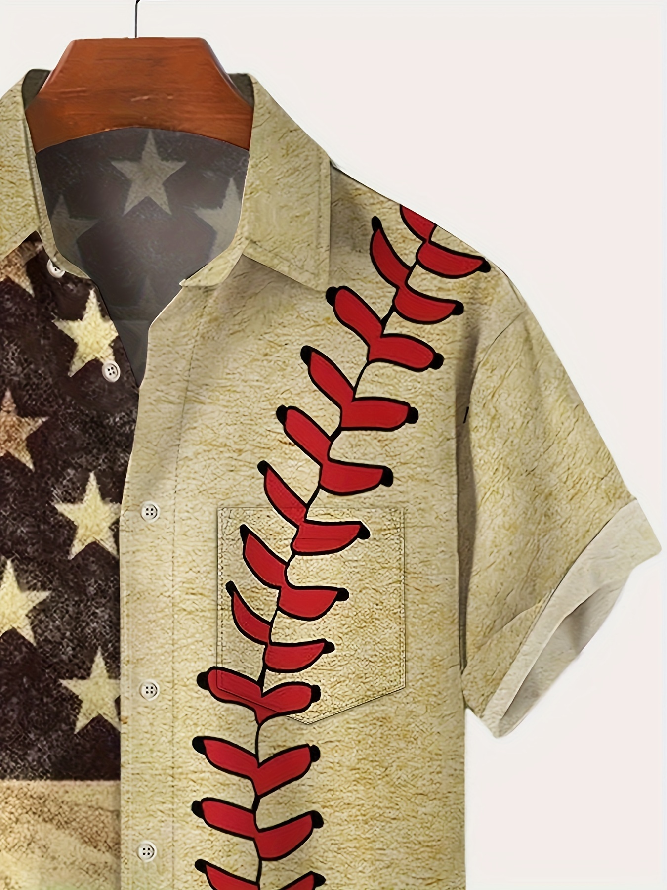 baseball themed flag digital print mens vintage short sleeve button down shirt with chest pocket summer outdoor details 3