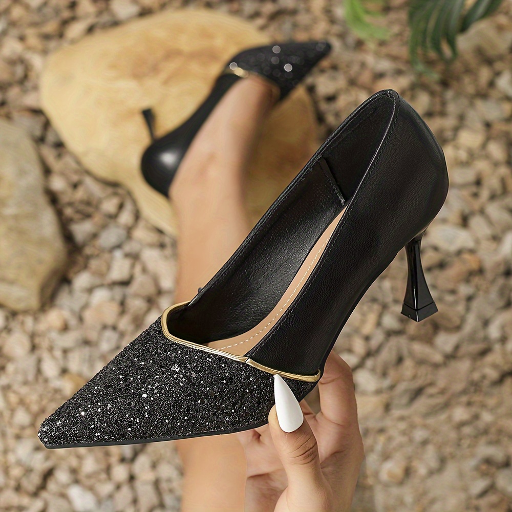 womens sequins decor shoes shallow mouth daily stiletto slip on shoes point toe glitter dress shoes details 9