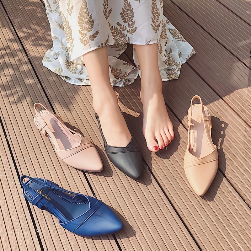 heeled sandals, womens solid color wedge heeled sandals elegant point toe slip on shoes summer platform shoes details 0