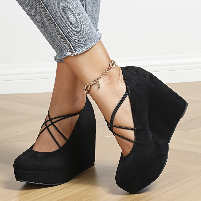 Women s Fashion Wedge Heels, Crisscross Slip On Platform High Heels, All-Match Going Out Shoes details 1