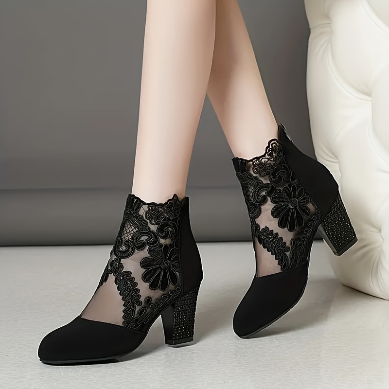 womens breathable lace mesh block heels fashion back zipper dress pumps stylish embroidery heels details 1