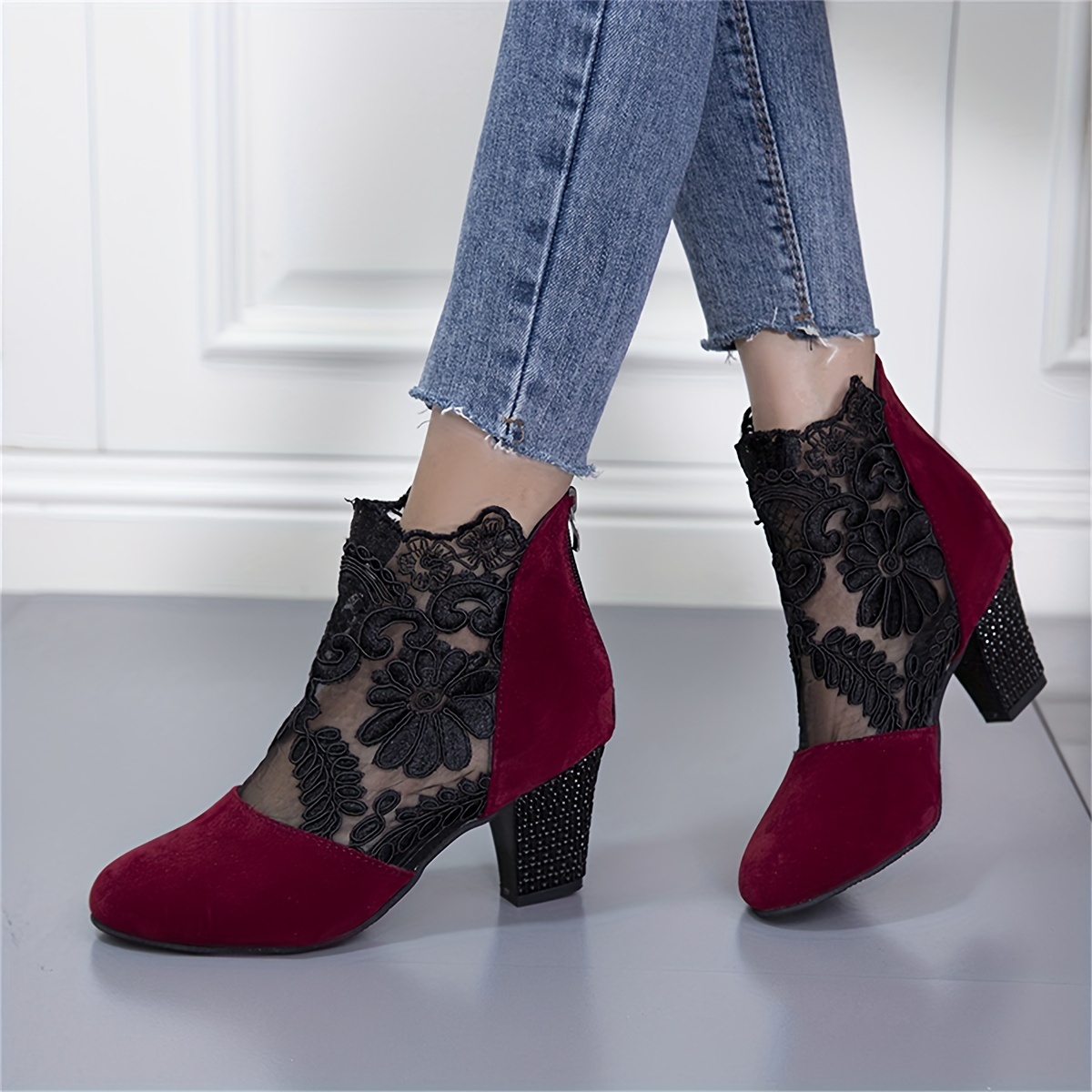 womens breathable lace mesh block heels fashion back zipper dress pumps stylish embroidery heels details 6