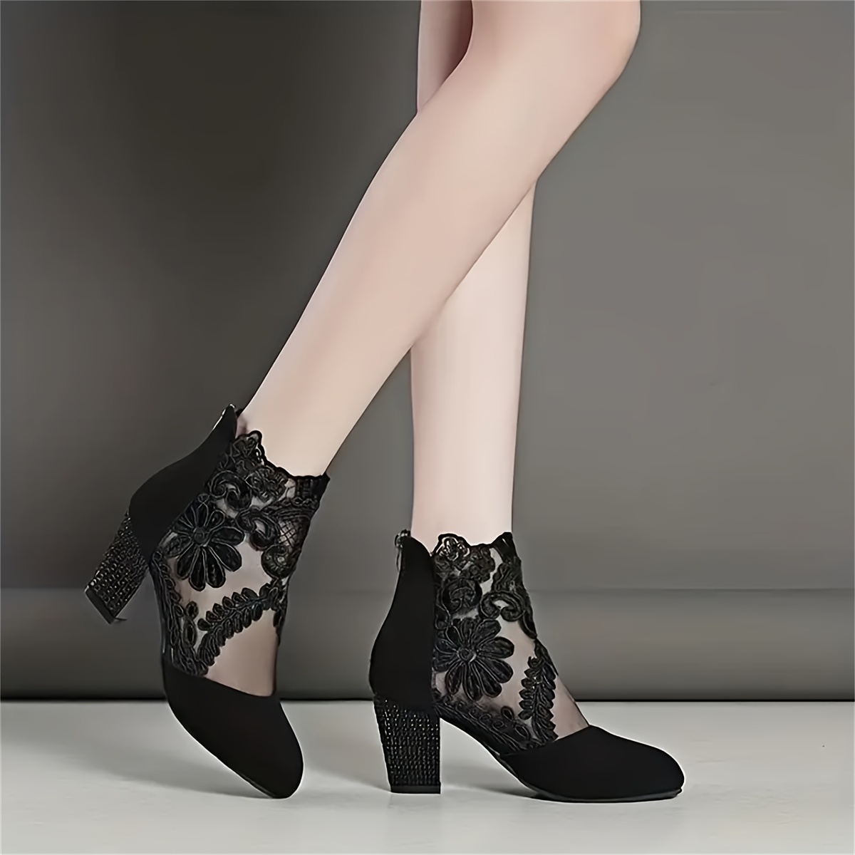 womens breathable lace mesh block heels fashion back zipper dress pumps stylish embroidery heels details 8