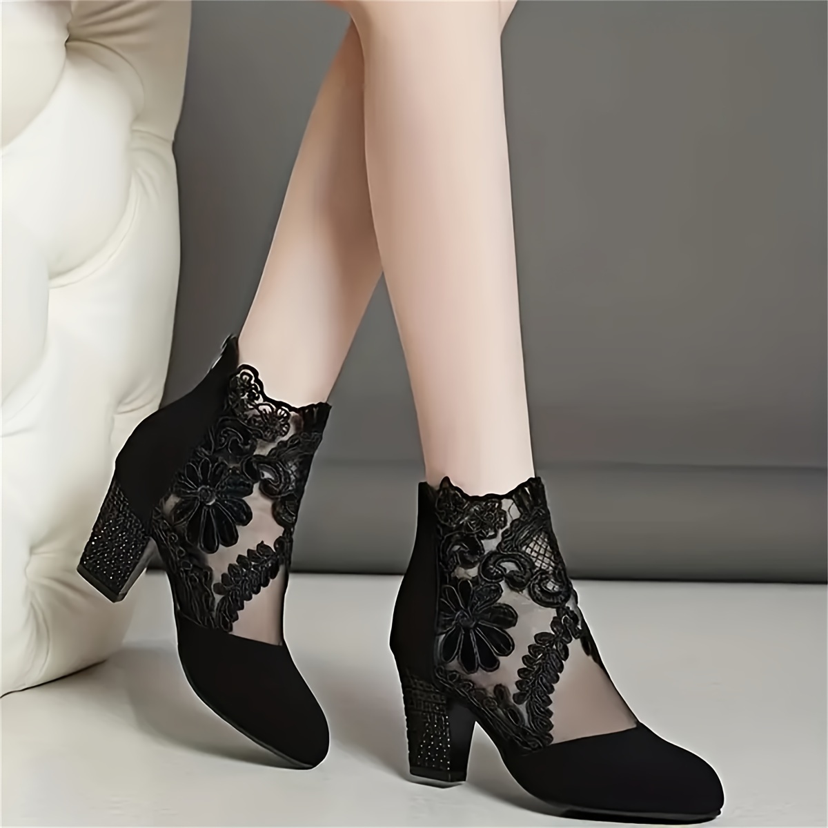 womens breathable lace mesh block heels fashion back zipper dress pumps stylish embroidery heels details 9