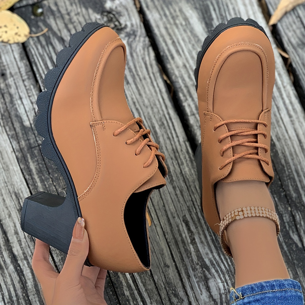 Women s Lace Up Block High Heels, All-Match Round Toe Ankle Boots, Casual Going Out Pumps details 0