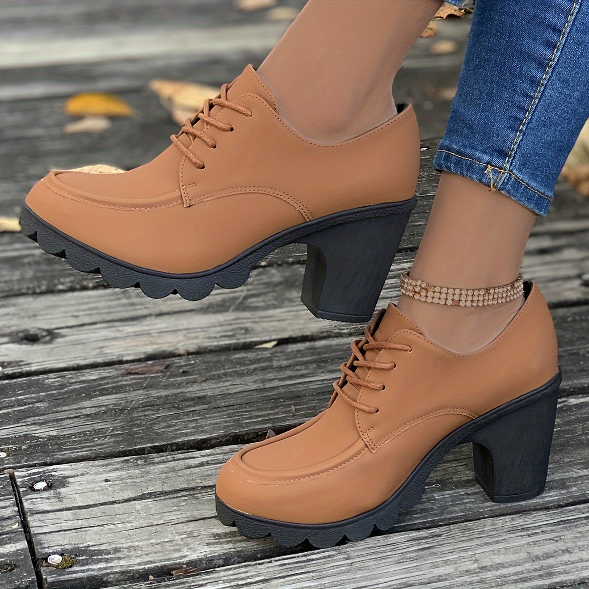 Women s Lace Up Block High Heels, All-Match Round Toe Ankle Boots, Casual Going Out Pumps details 3