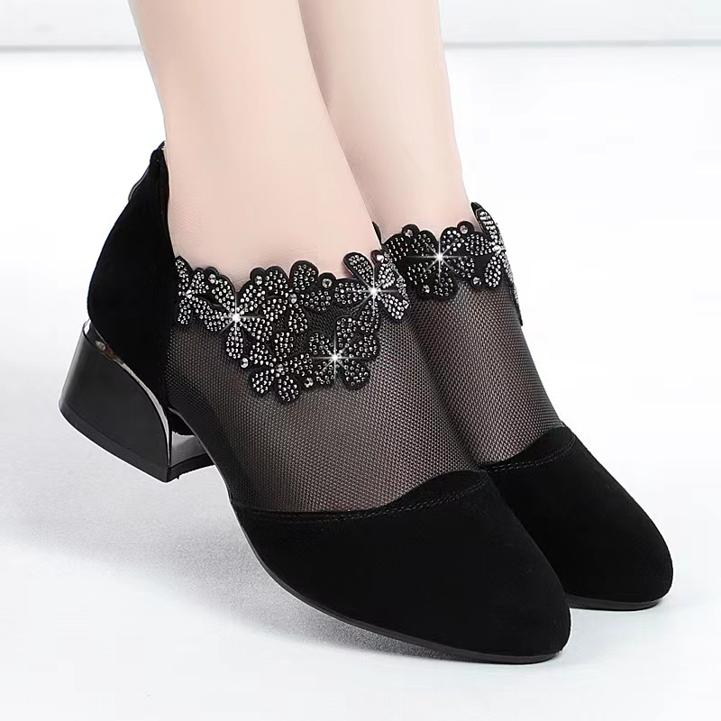 fashion back zipper solid sandals, womens flower rhinestone mesh block heels fashion back zipper solid sandals versatile dress low heels details 1