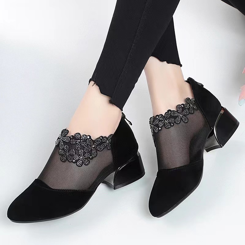 fashion back zipper solid sandals, womens flower rhinestone mesh block heels fashion back zipper solid sandals versatile dress low heels details 5