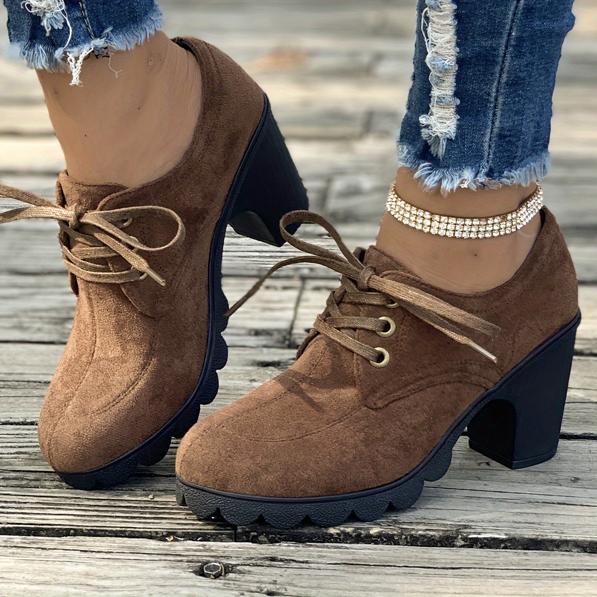 womens solid color platform shoes lace up shallow mouth casual chunky heels versatile round toe non slip pumps details 3