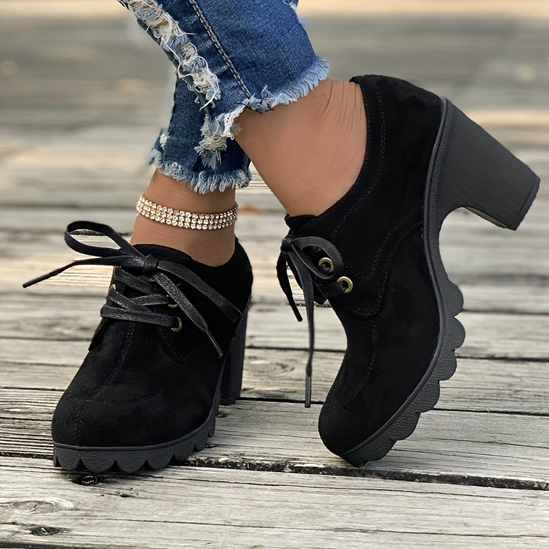 ankle boots, womens lace up ankle boots casual solid color chunky heeled booties round toe high heeled short boots details 0